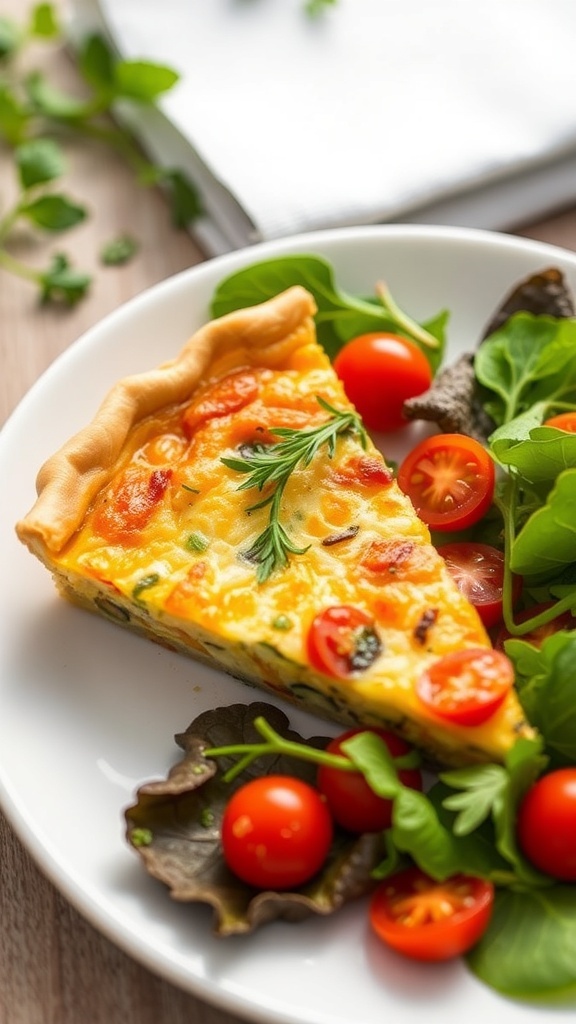 A slice of quiche on a white plate with fresh herbs and a side salad of mixed greens and cherry tomatoes.